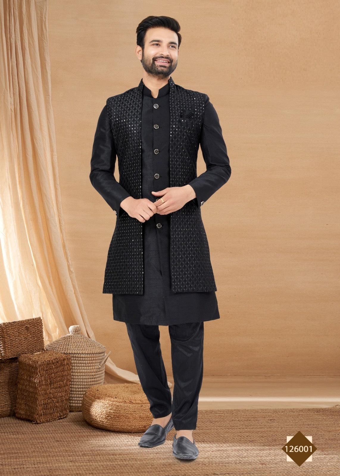 Black sherwani sequins embroidered suit