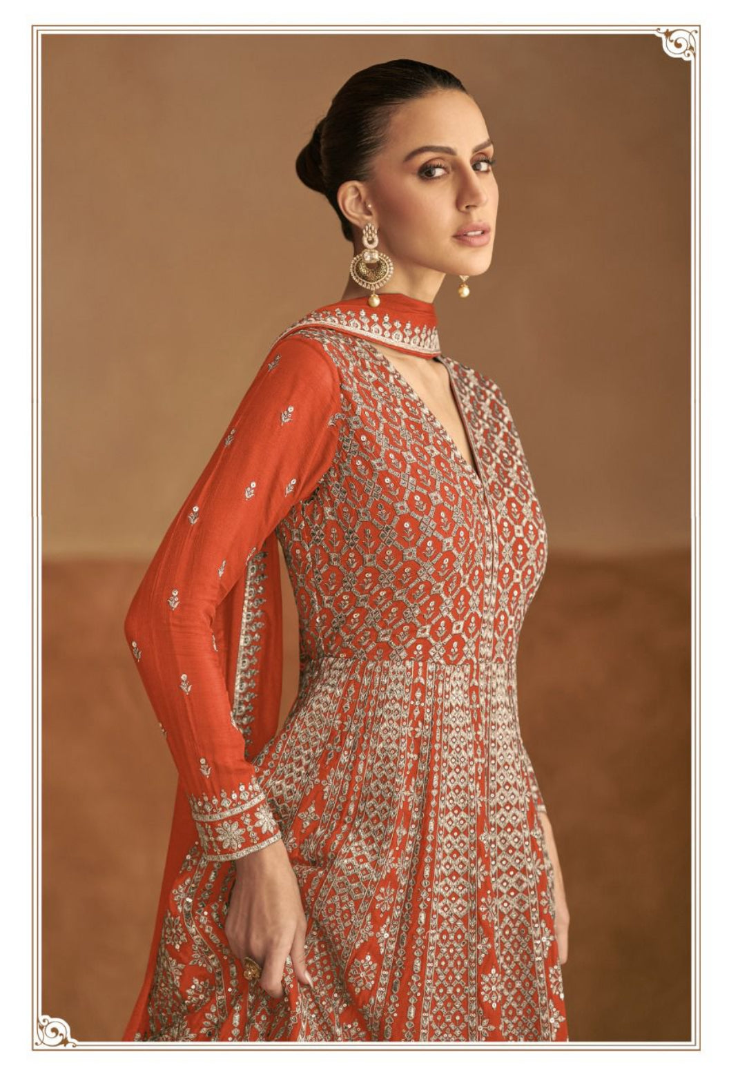Orange Embroidered Anarkali Party Dress