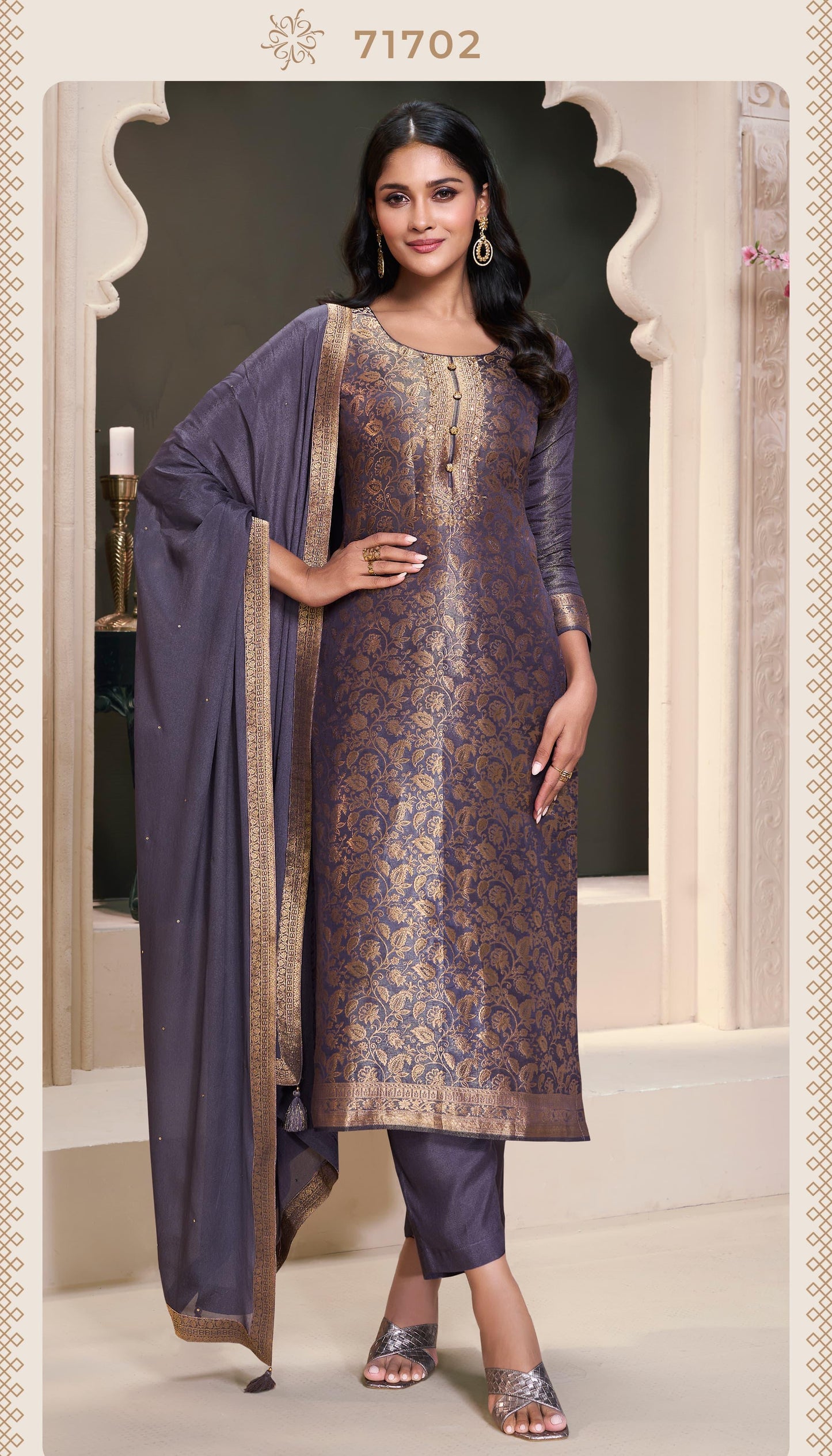 Purple with Golden Embroidery Silk Salwar Kameez