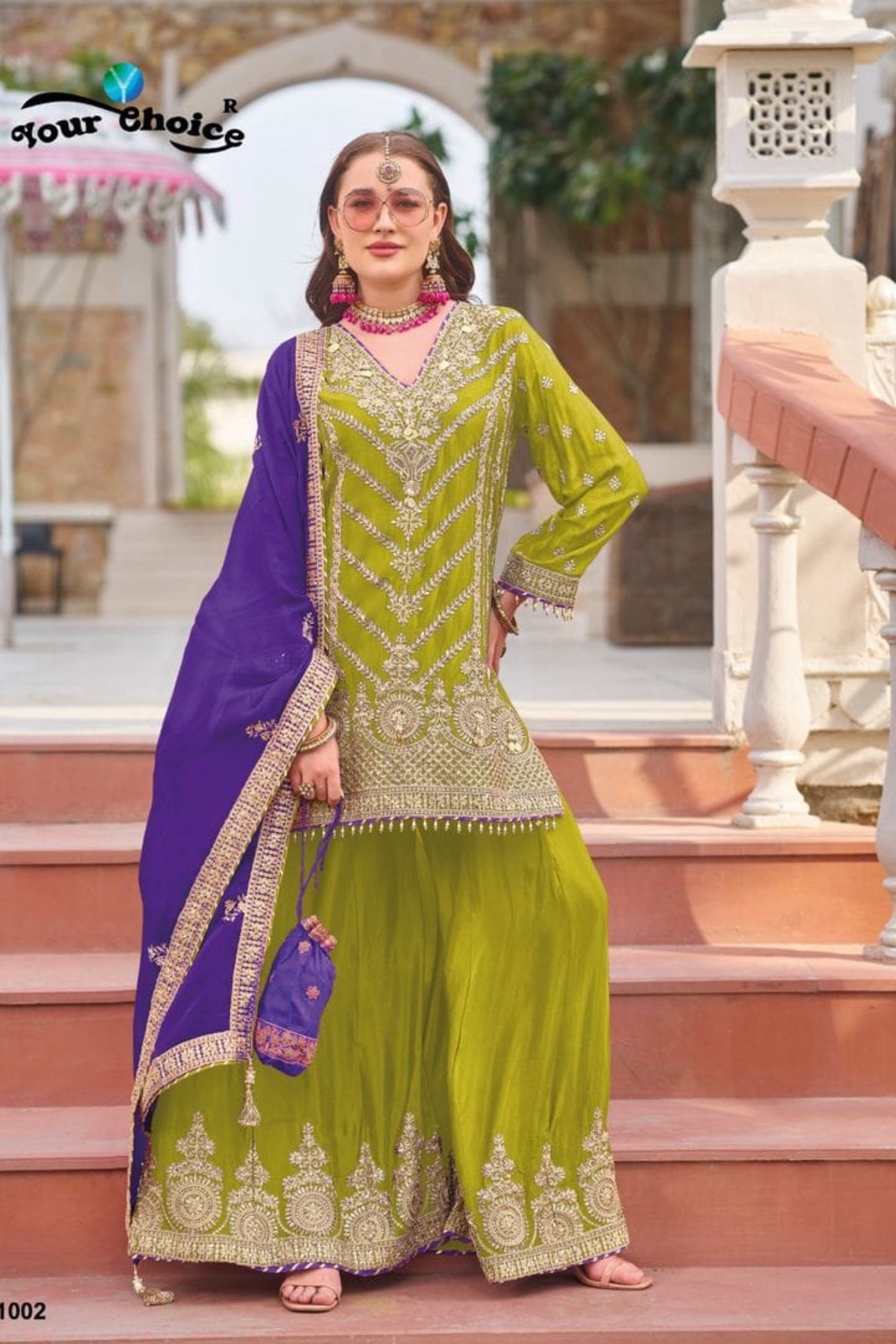 Green and Blue Embroidered Gharara Suit