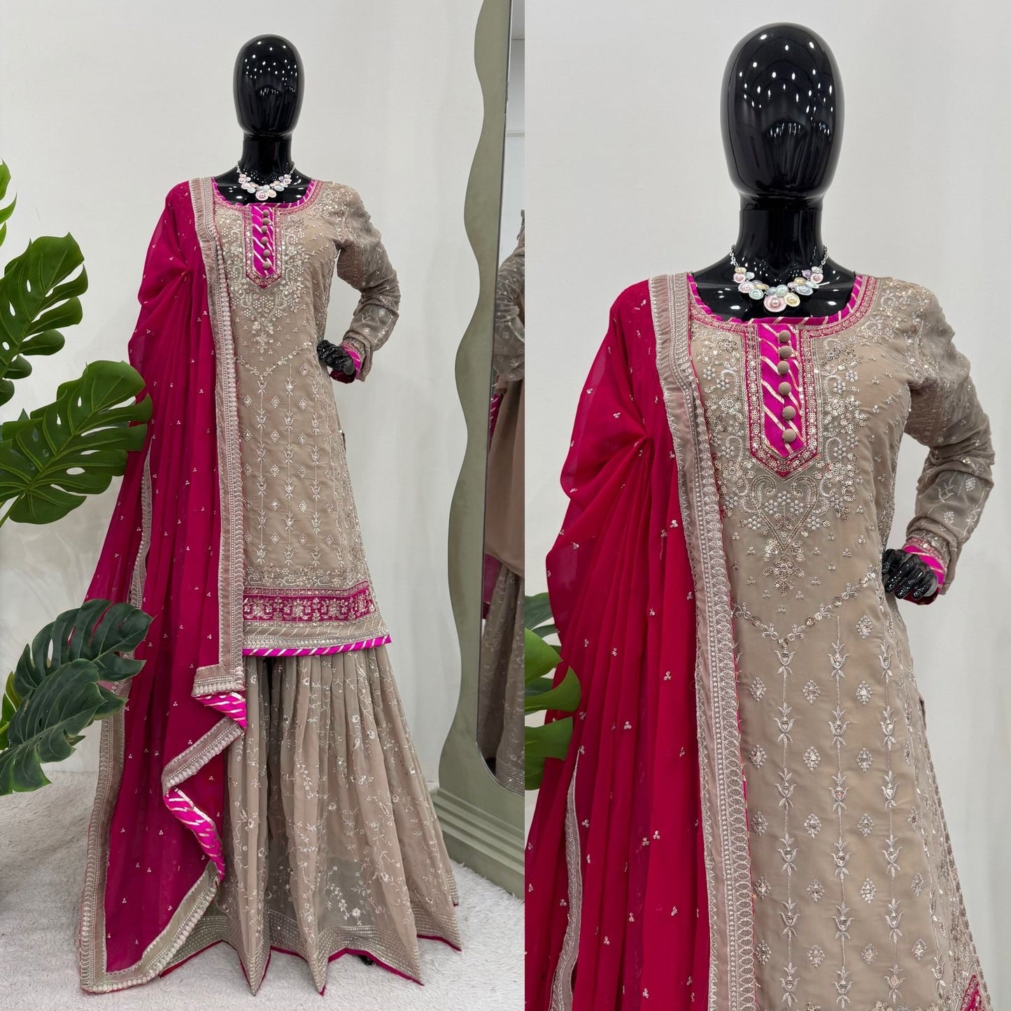 Beige-Maroon contrast gharara suit