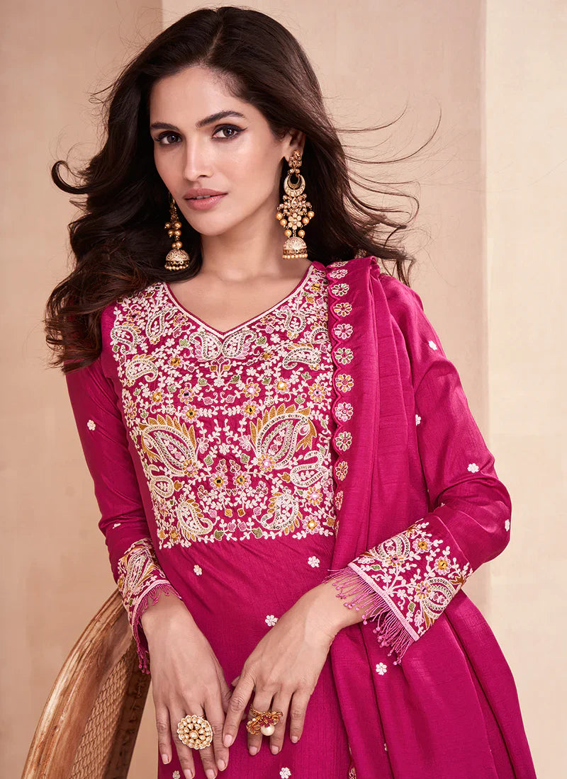 Party wear silk pink sharara embroidered suit