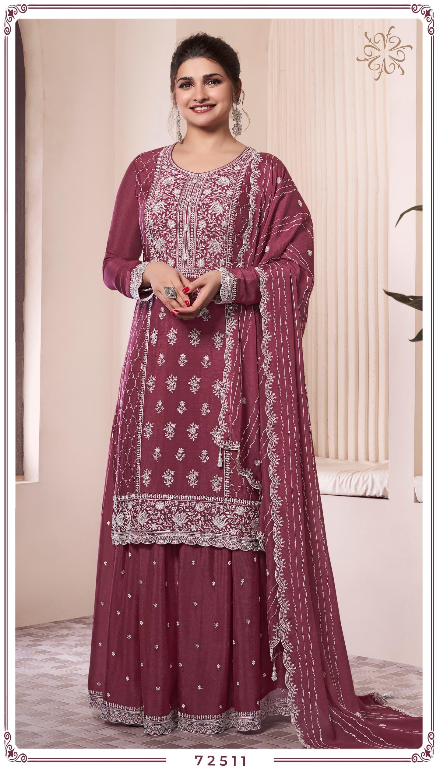 English Brown Silk Embroidered Palazzo Suit
