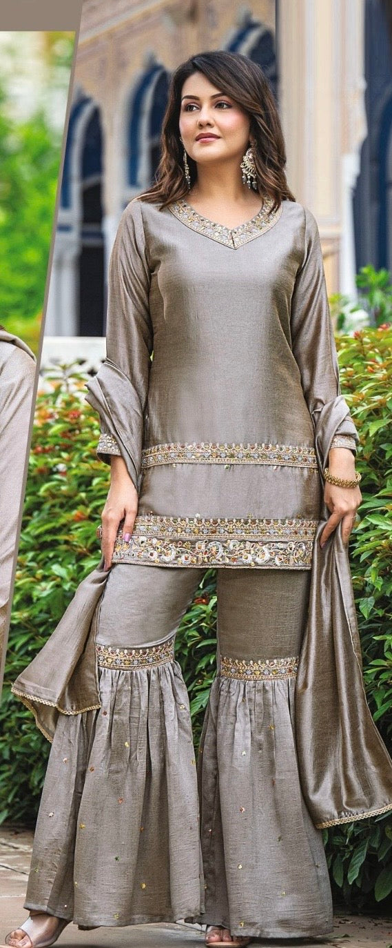 Grey color silk gharara suit