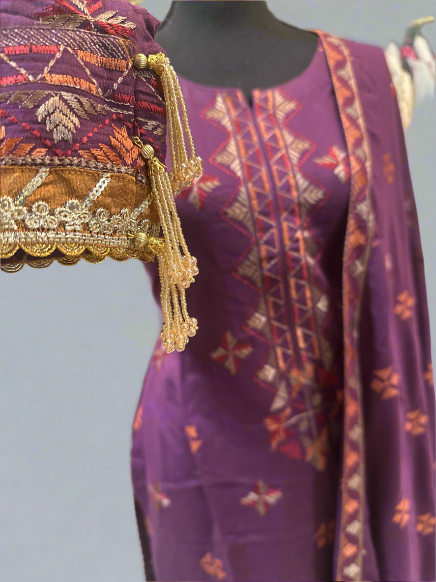 Purple Embroidery Khadi Salwar Kameez
