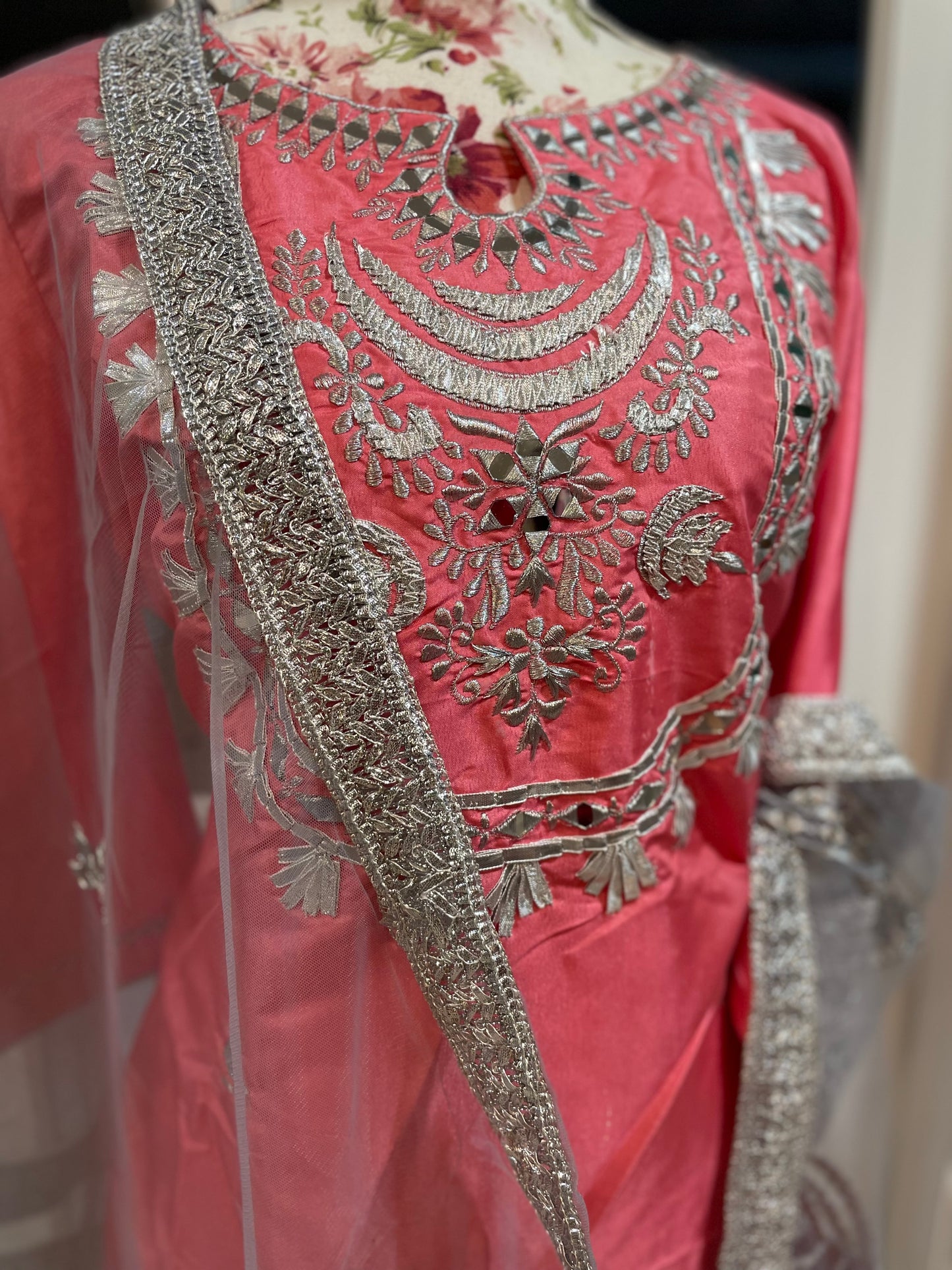 Heavy silk pink party wear mirror suit