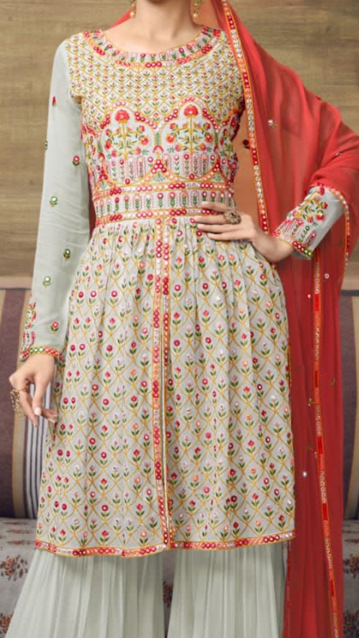 Mirror work georgette grey gharara suit