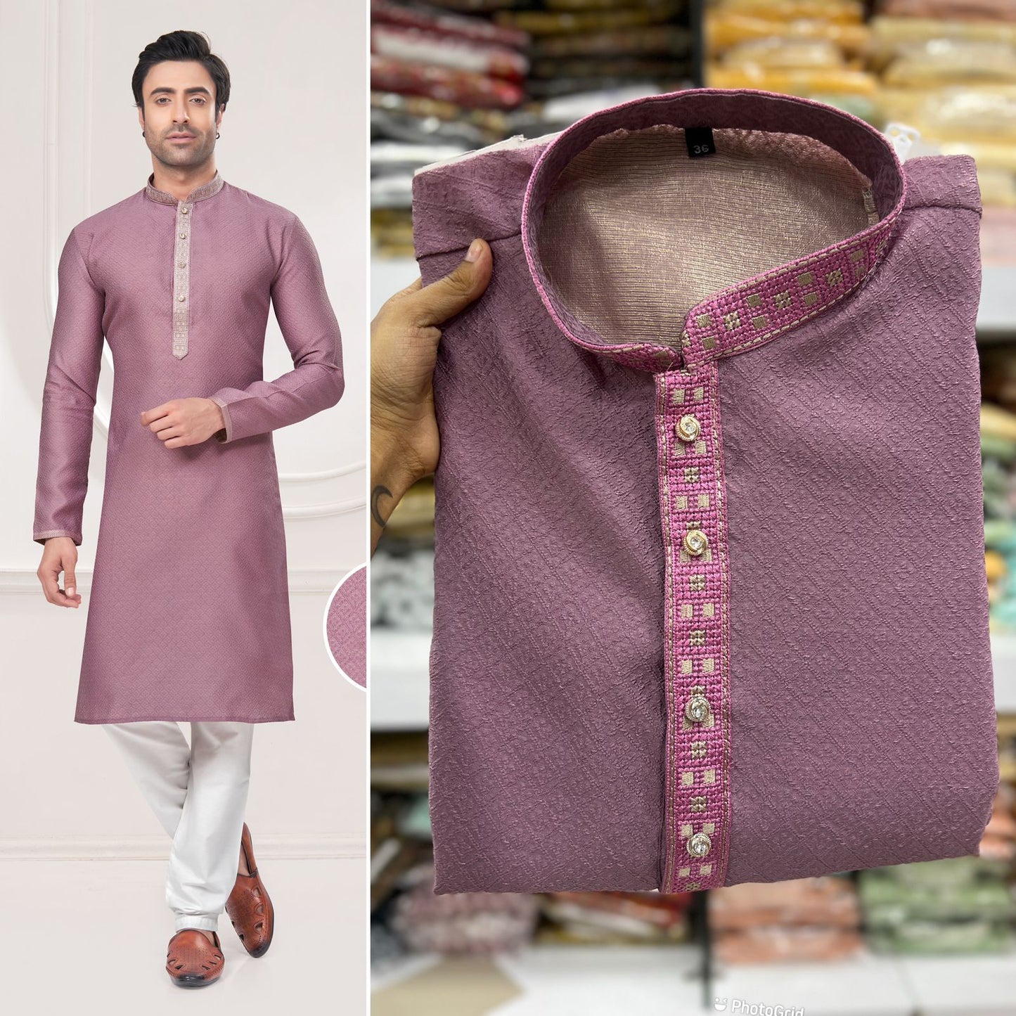Men's Onion Pink Silk Jacquard Elegant Kurta Pajama