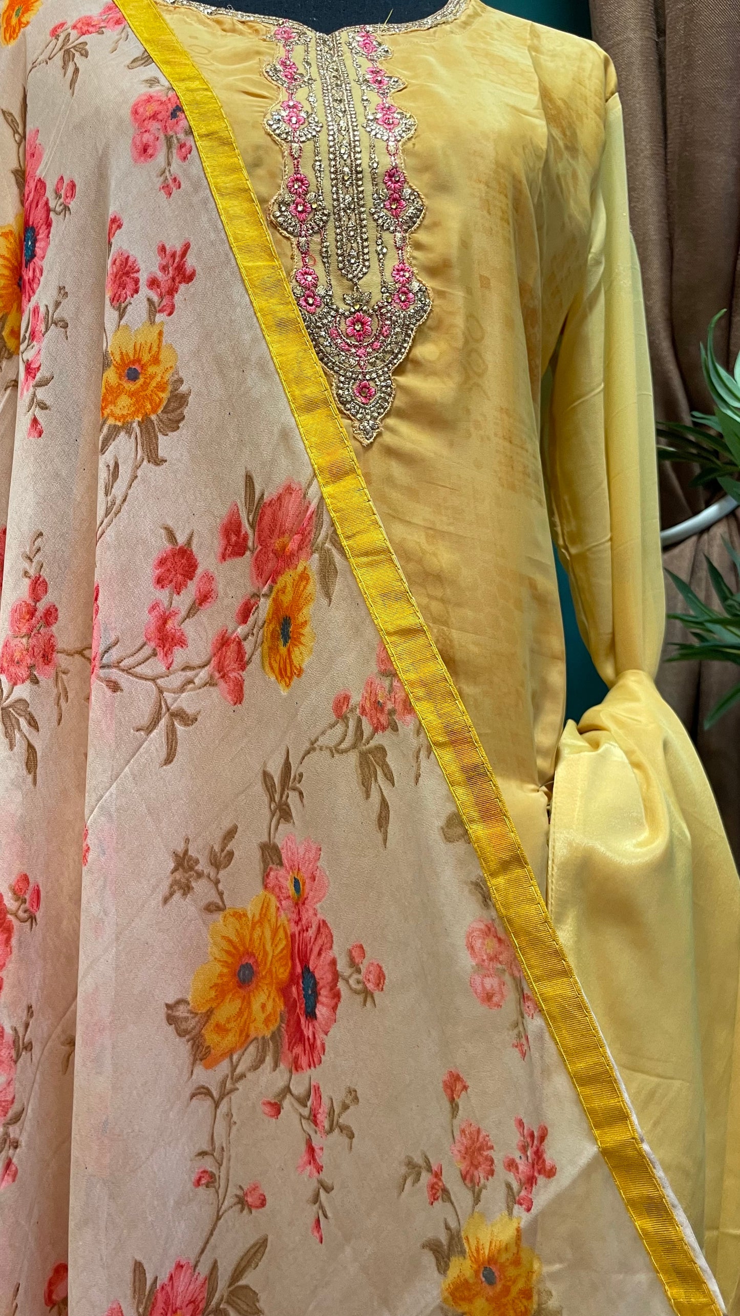 Floral printed crepe Yellow salwar suit