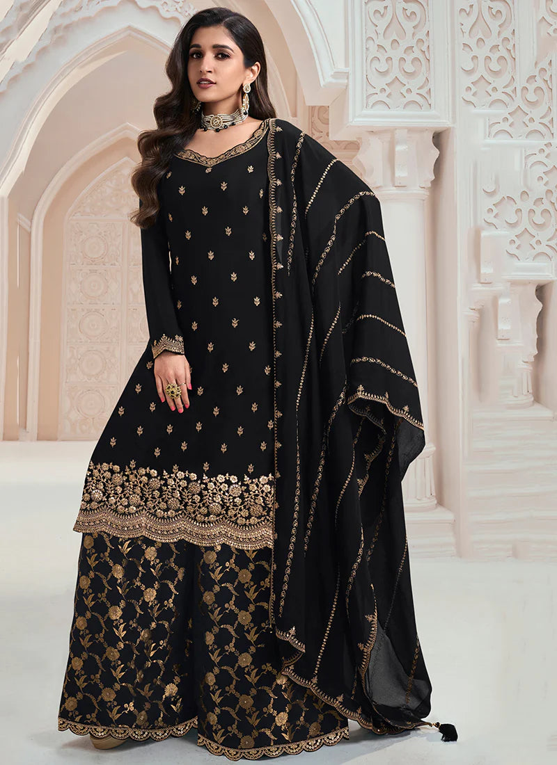Black Embroidered Silk Sarara Suit