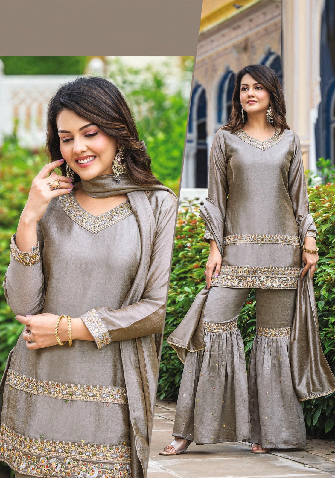 Grey color silk gharara suit