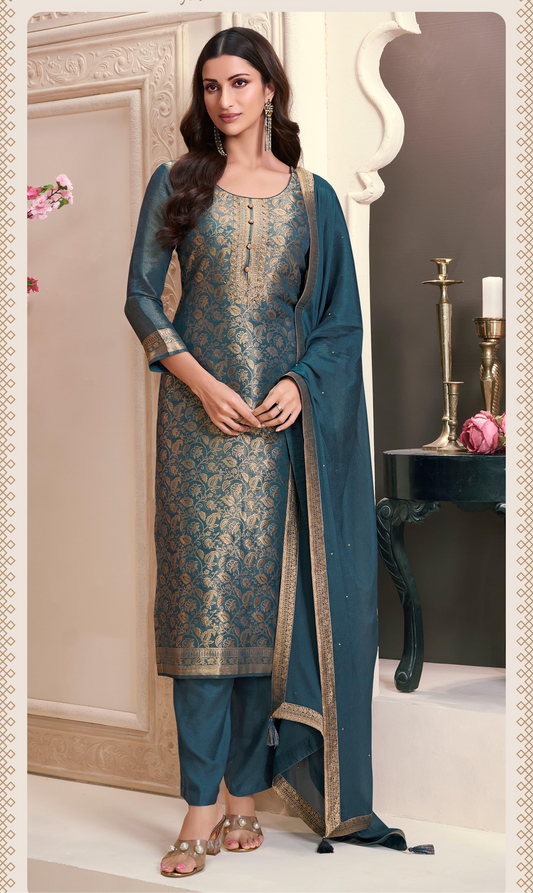 Blue with Golden Embroidery Silk Salwar Kameez