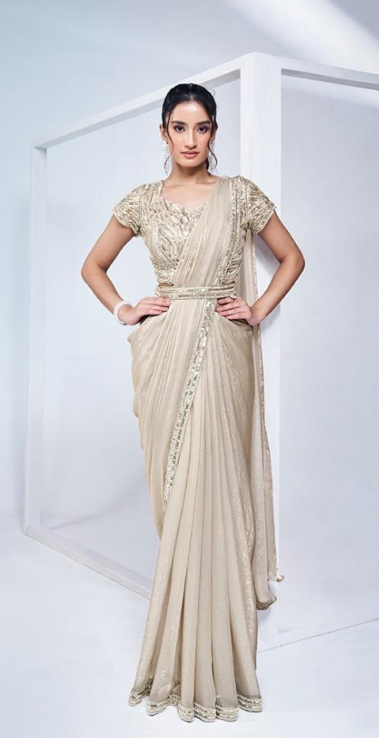Beige silk fusion ready to wear saree