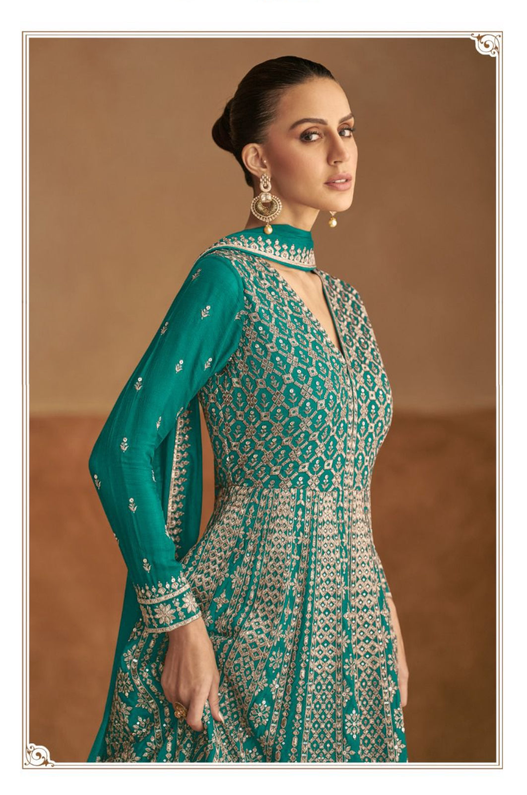 Teal Blue Embroidered Anarkali Party Dress