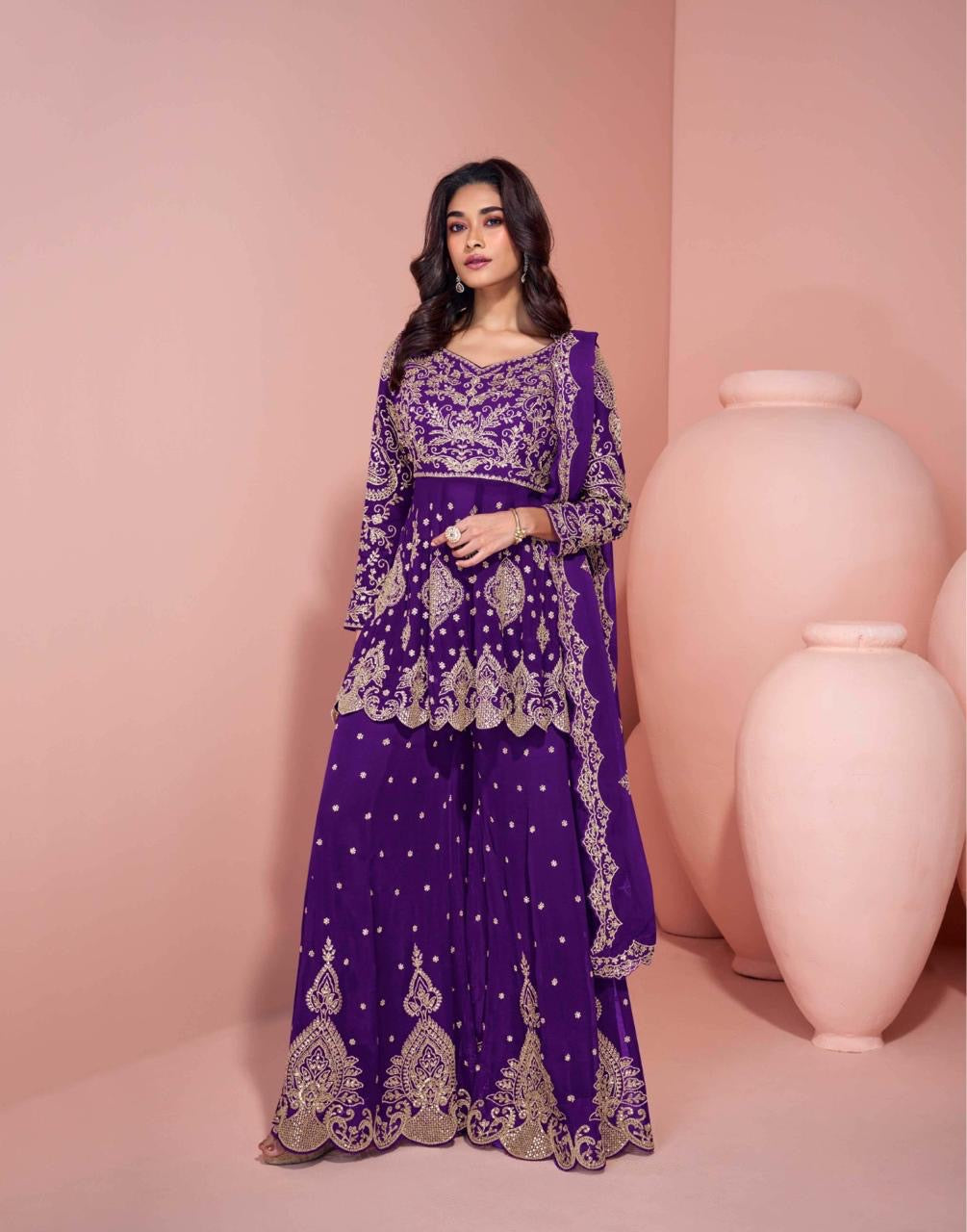 Purple Embroidered Palazzo Suit