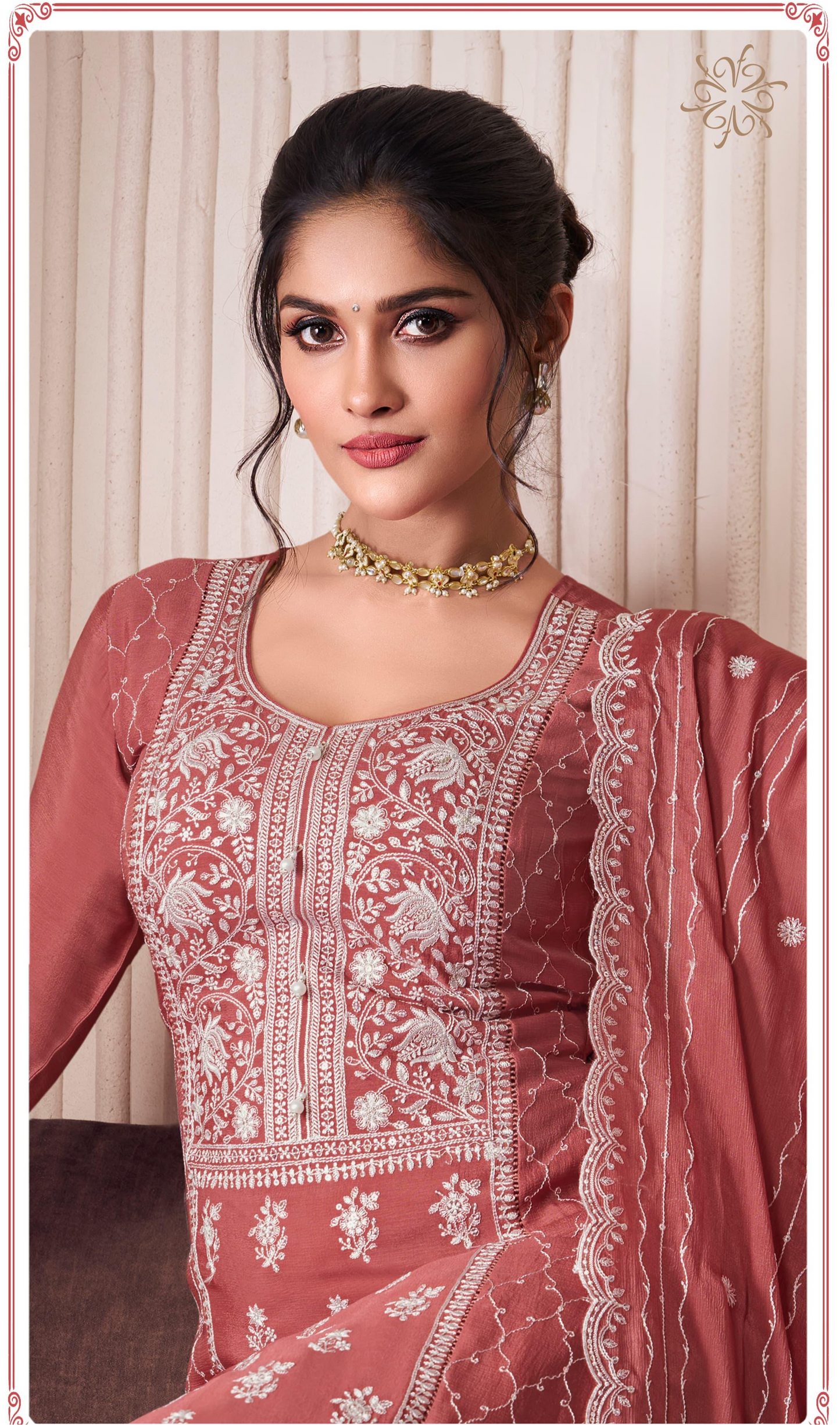 High Embroidered Chinon Silk Sarara Suit