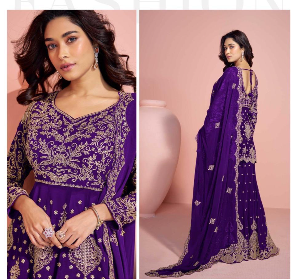Purple Embroidered Palazzo Suit