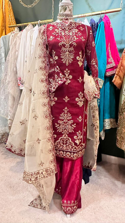 Red Organza Party Wear Suit