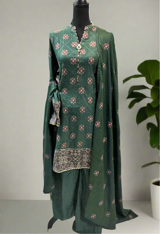 Green Khadi Embroidered Shahara Kameez