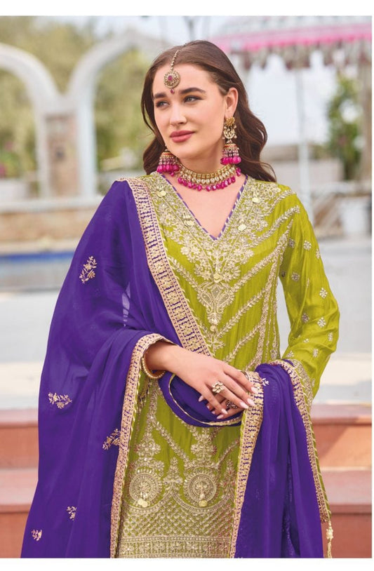 Green and Blue Embroidered Gharara Suit