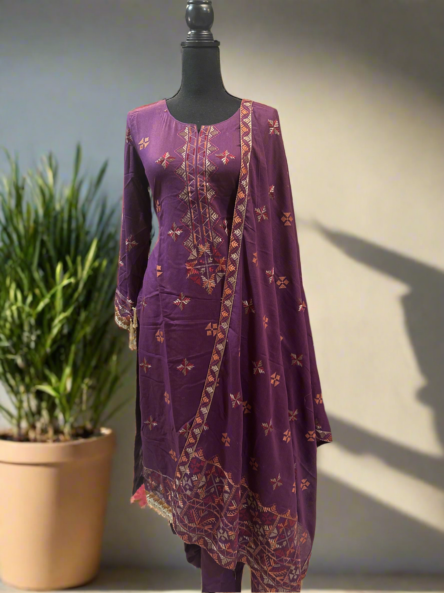 Purple Embroidery Khadi Salwar Kameez