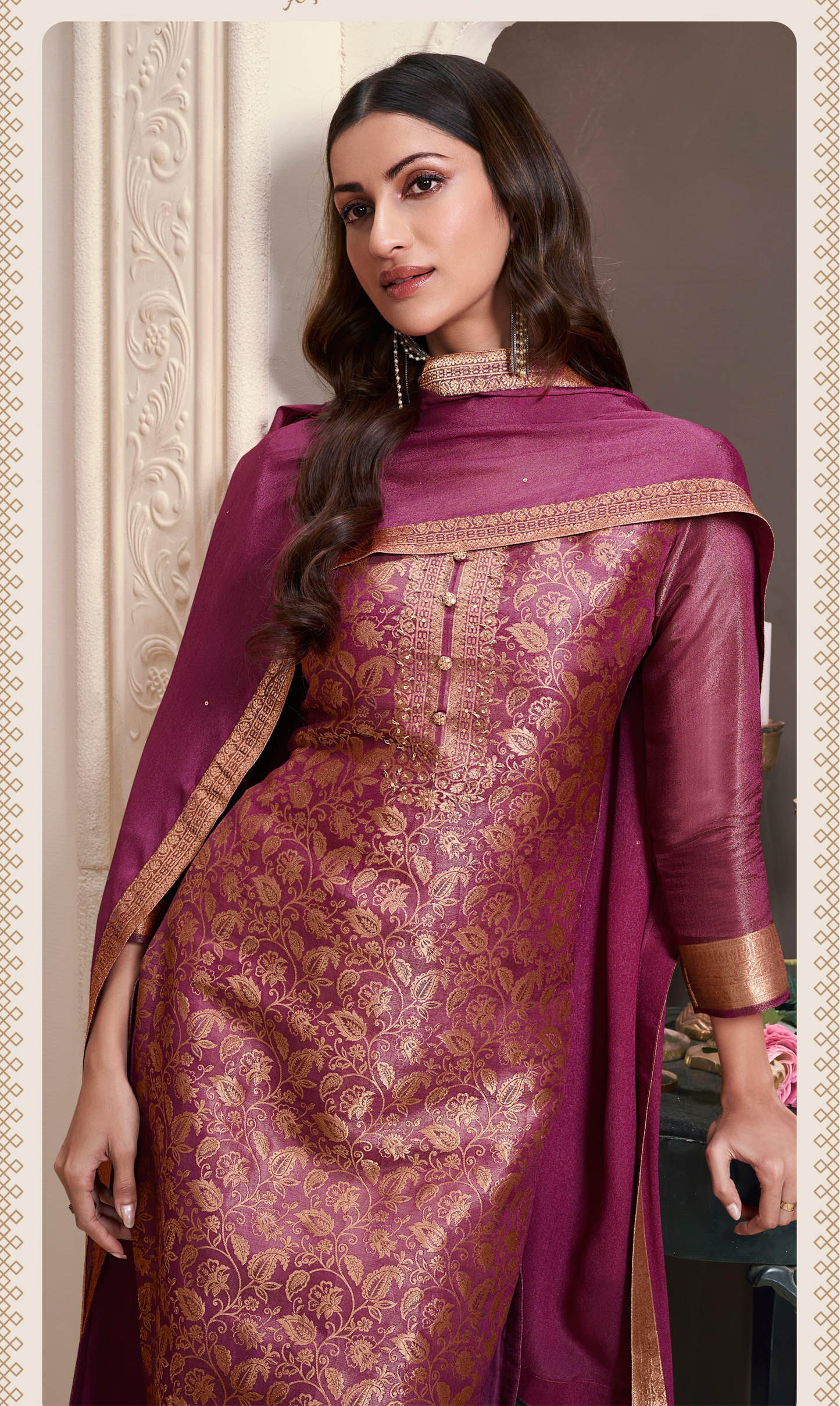 Maroon with Golden Embroidery Silk Salwar Kameez