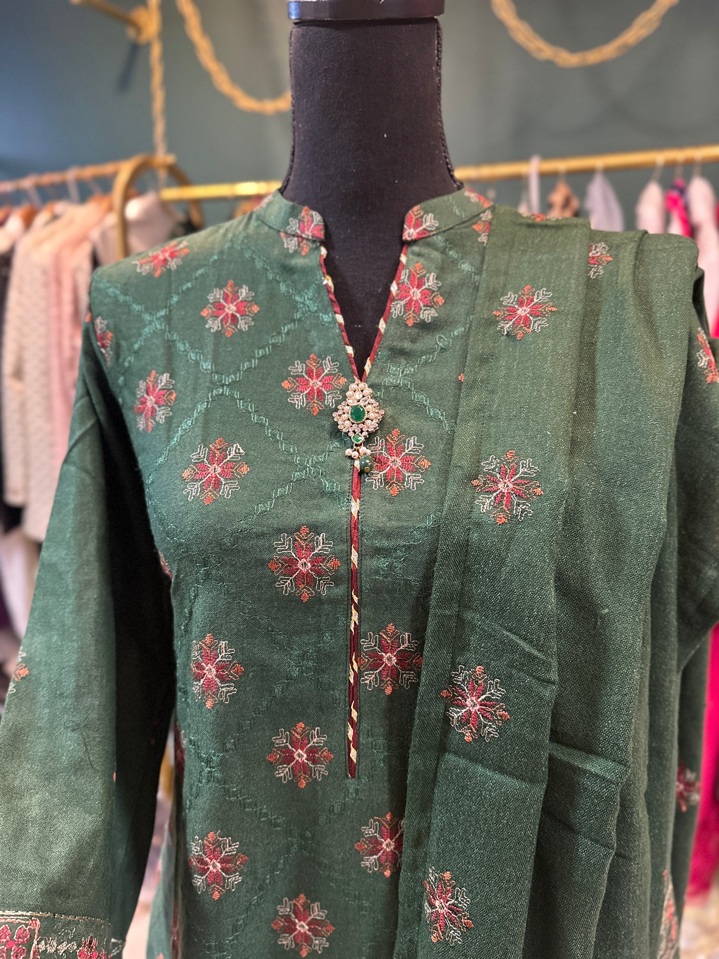 Green Khadi Embroidered Shahara Kameez