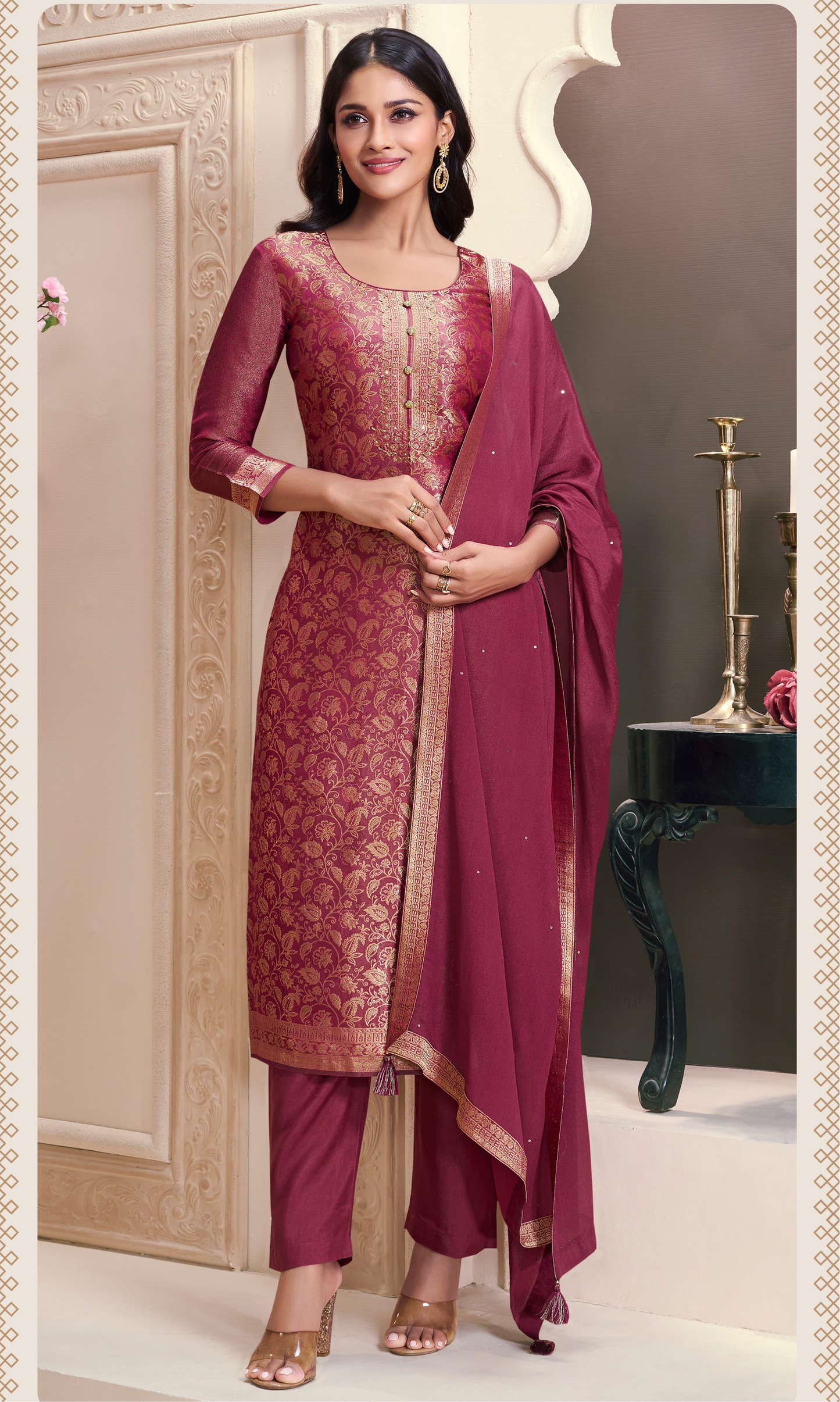 Maroon with Golden Embroidery Silk Salwar Kameez