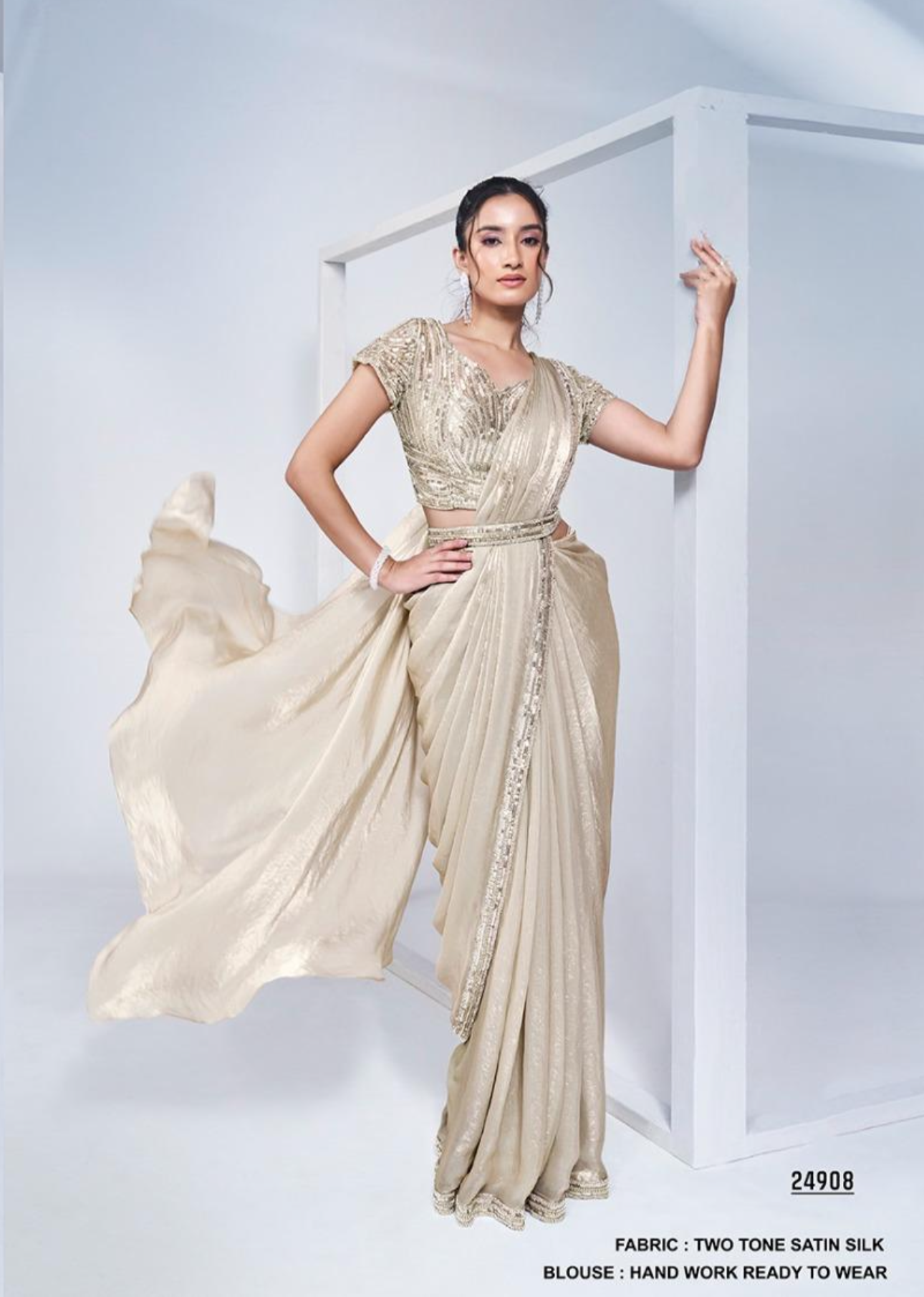 Beige silk fusion ready to wear saree