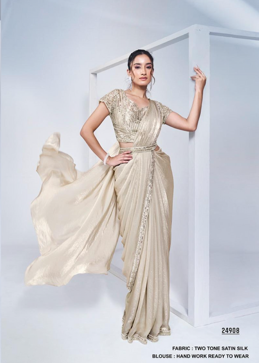 Beige silk fusion ready to wear saree