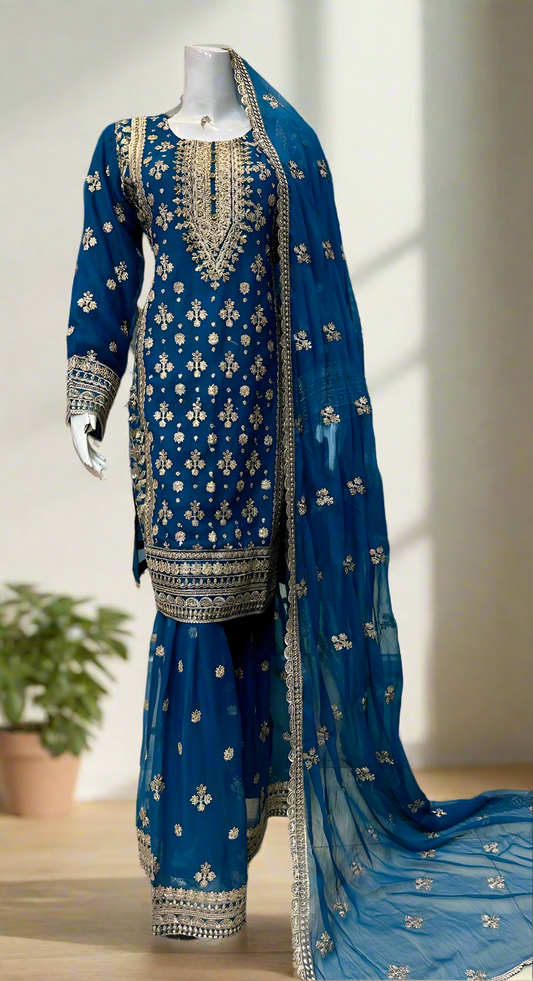Blue Embroidered Gharara Suit