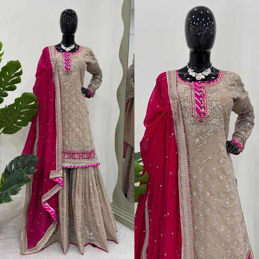 Beige-Maroon contrast gharara suit