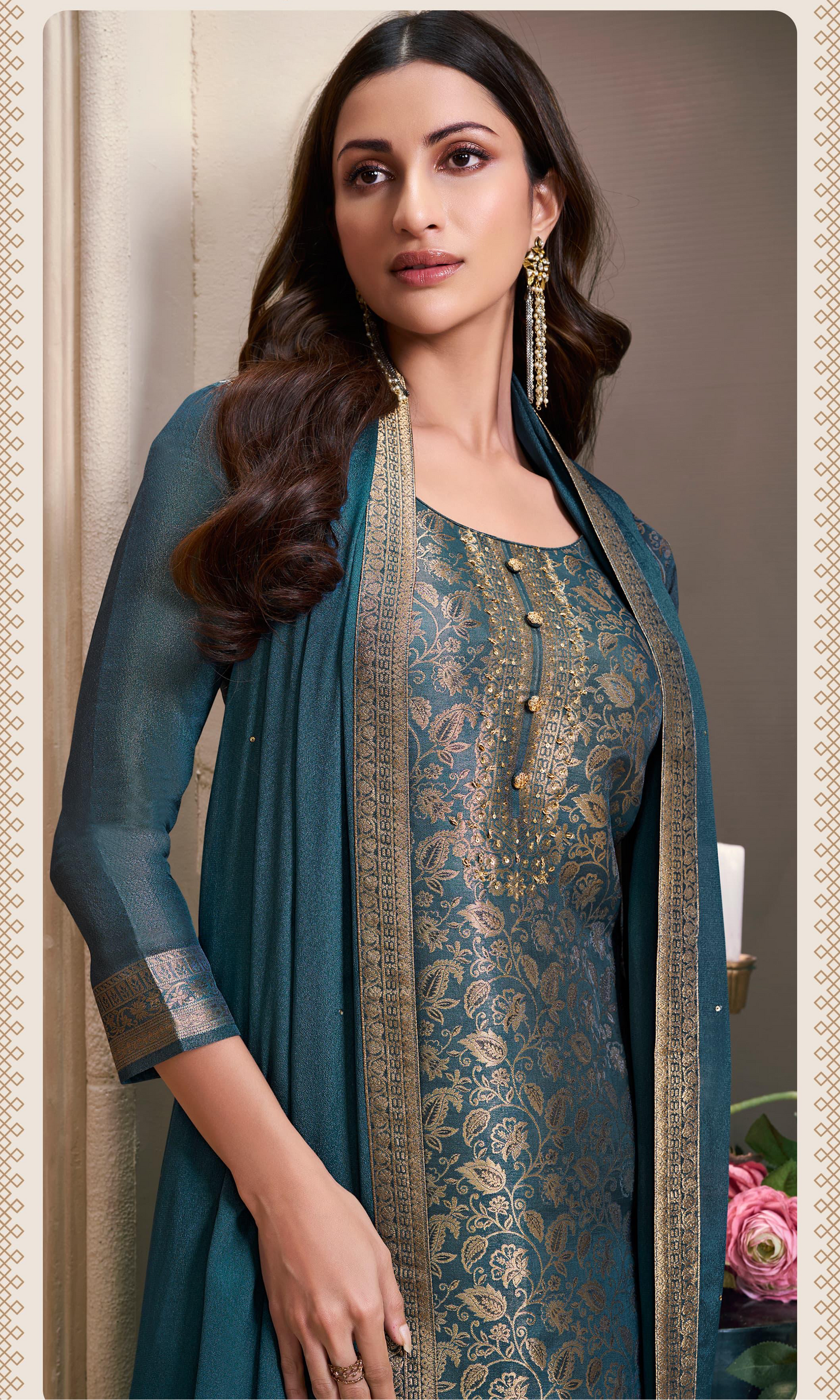 Blue with Golden Embroidery Silk Salwar Kameez