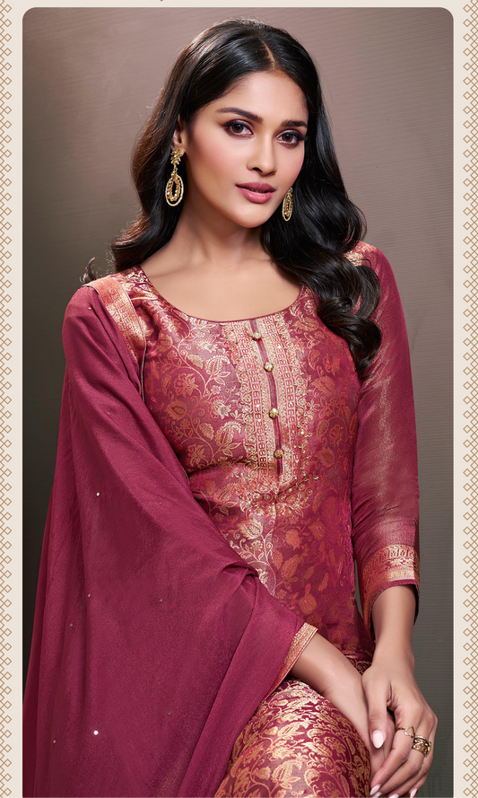 Maroon with Golden Embroidery Silk Salwar Kameez