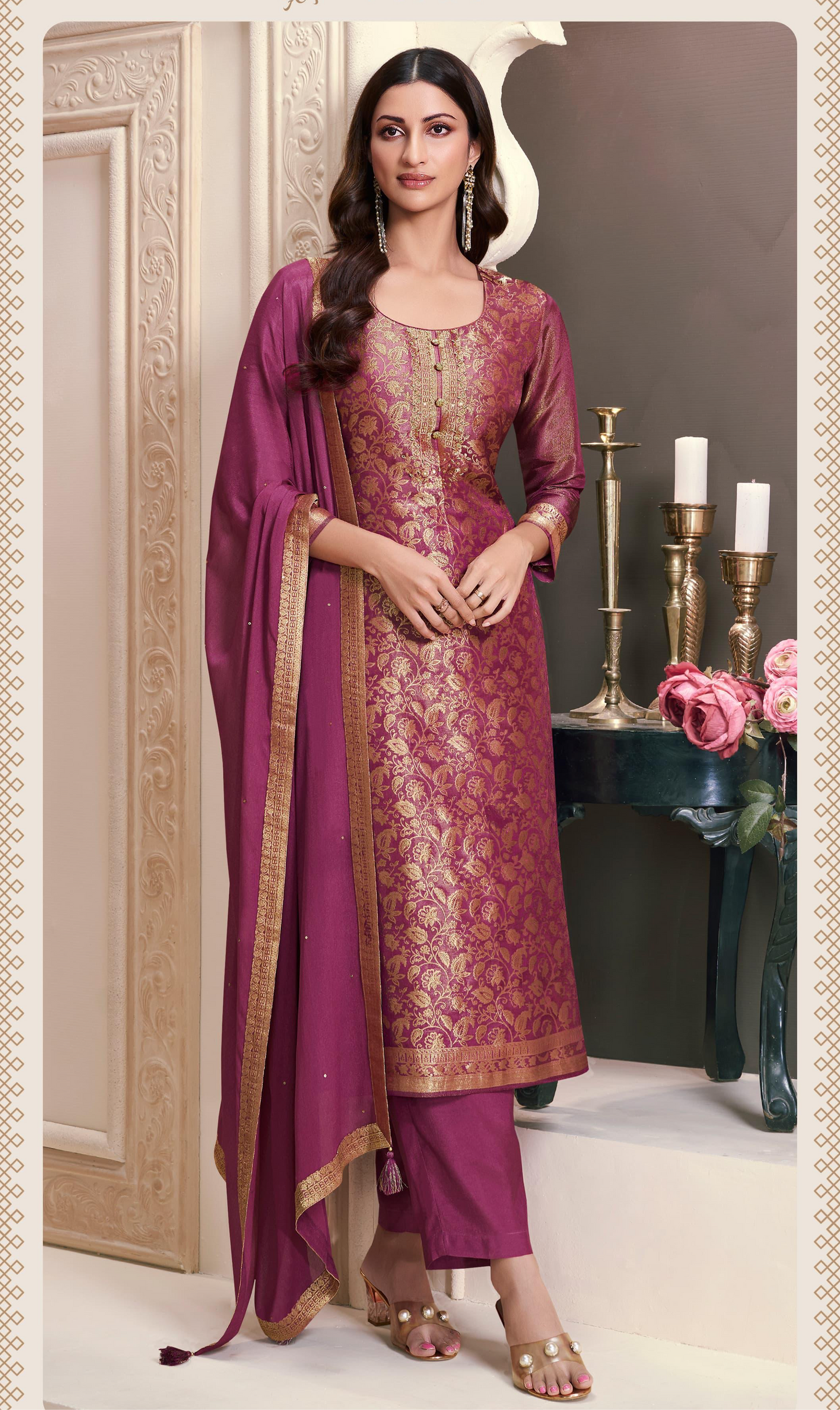 Maroon with Golden Embroidery Silk Salwar Kameez