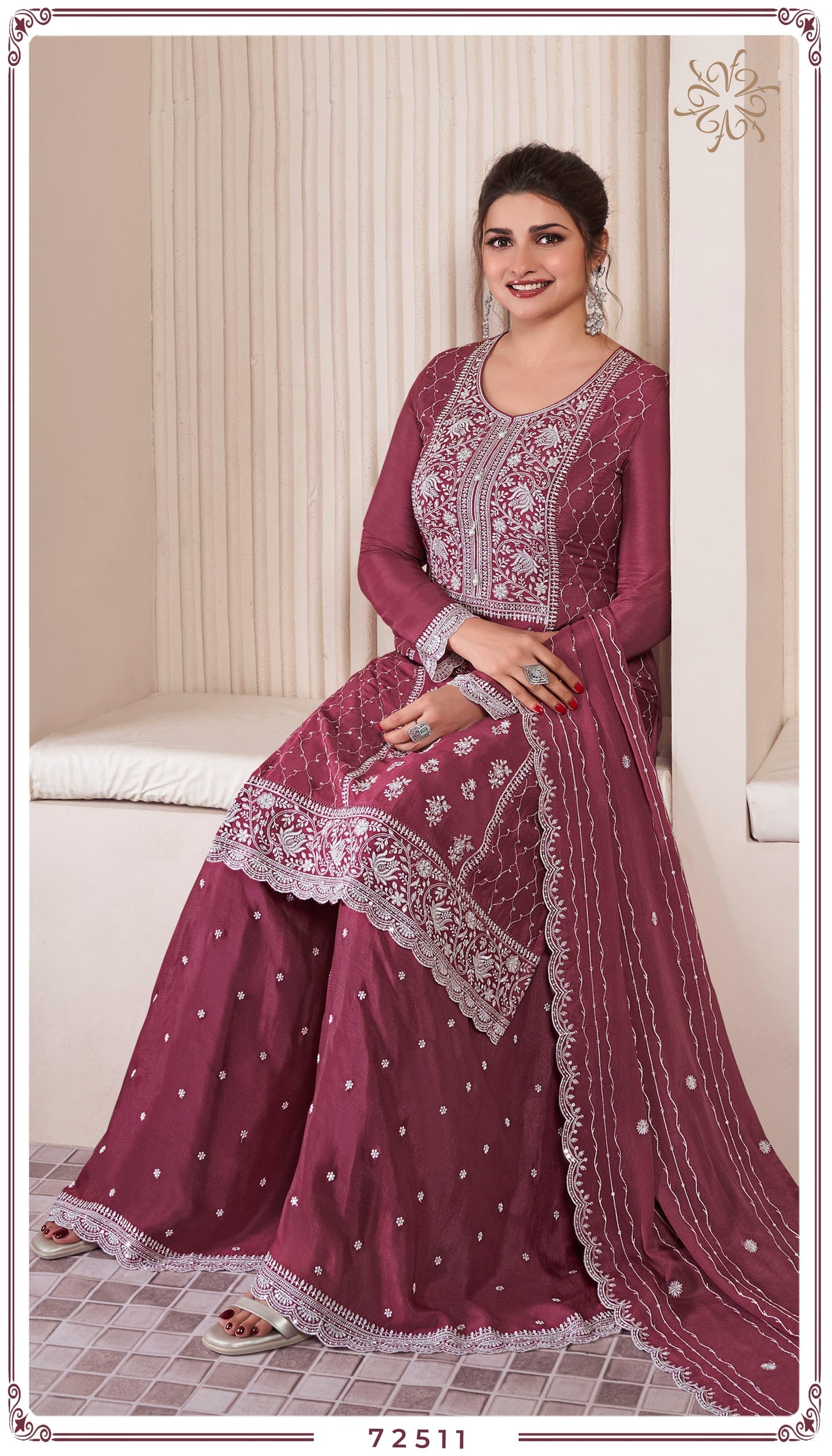English Brown Silk Embroidered Palazzo Suit