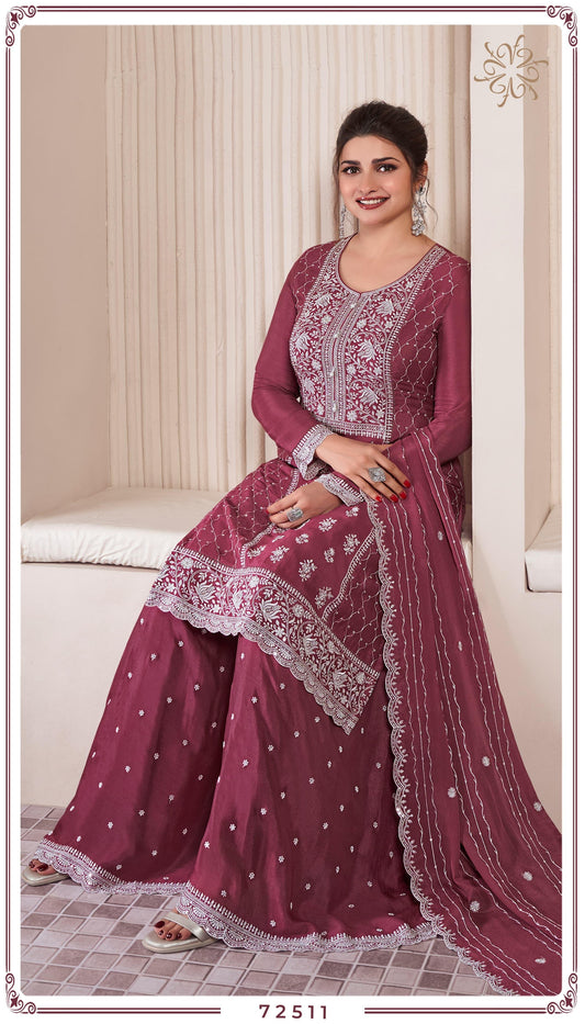 English Brown Silk Embroidered Palazzo Suit