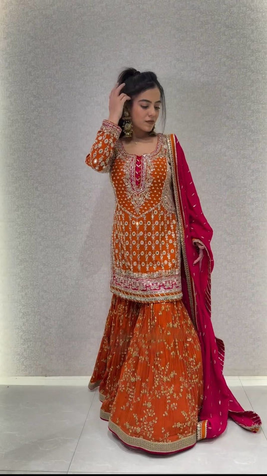 Orange Fully Embroidered Gharara Suit