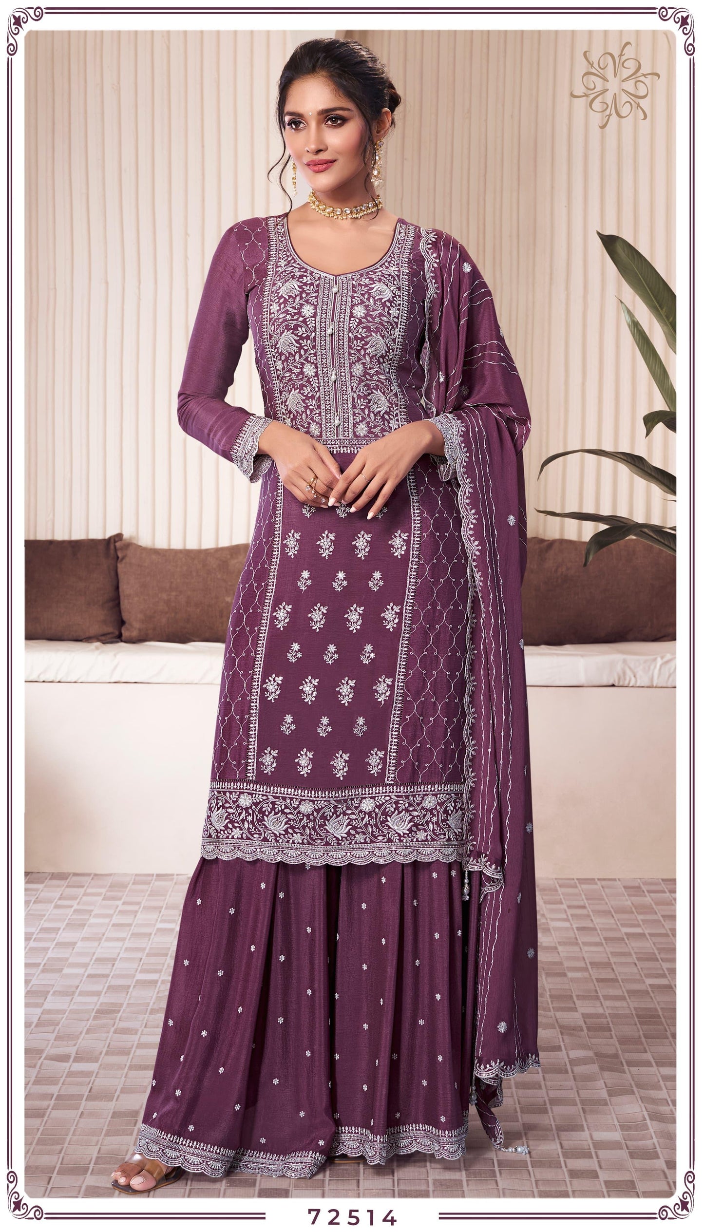 Lavender Silk Embroidered Palazzo Suit