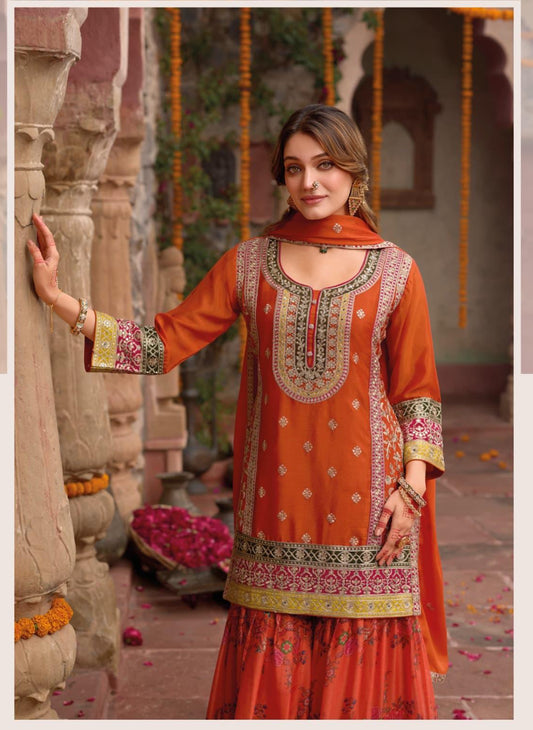 Orange Embroidered Silk Gharara Suit