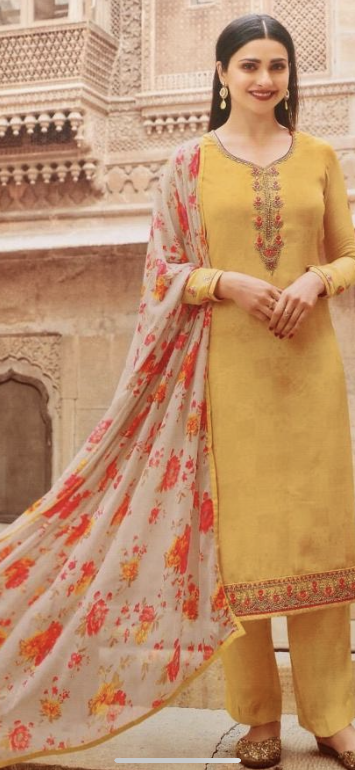 Floral printed crepe Yellow salwar suit