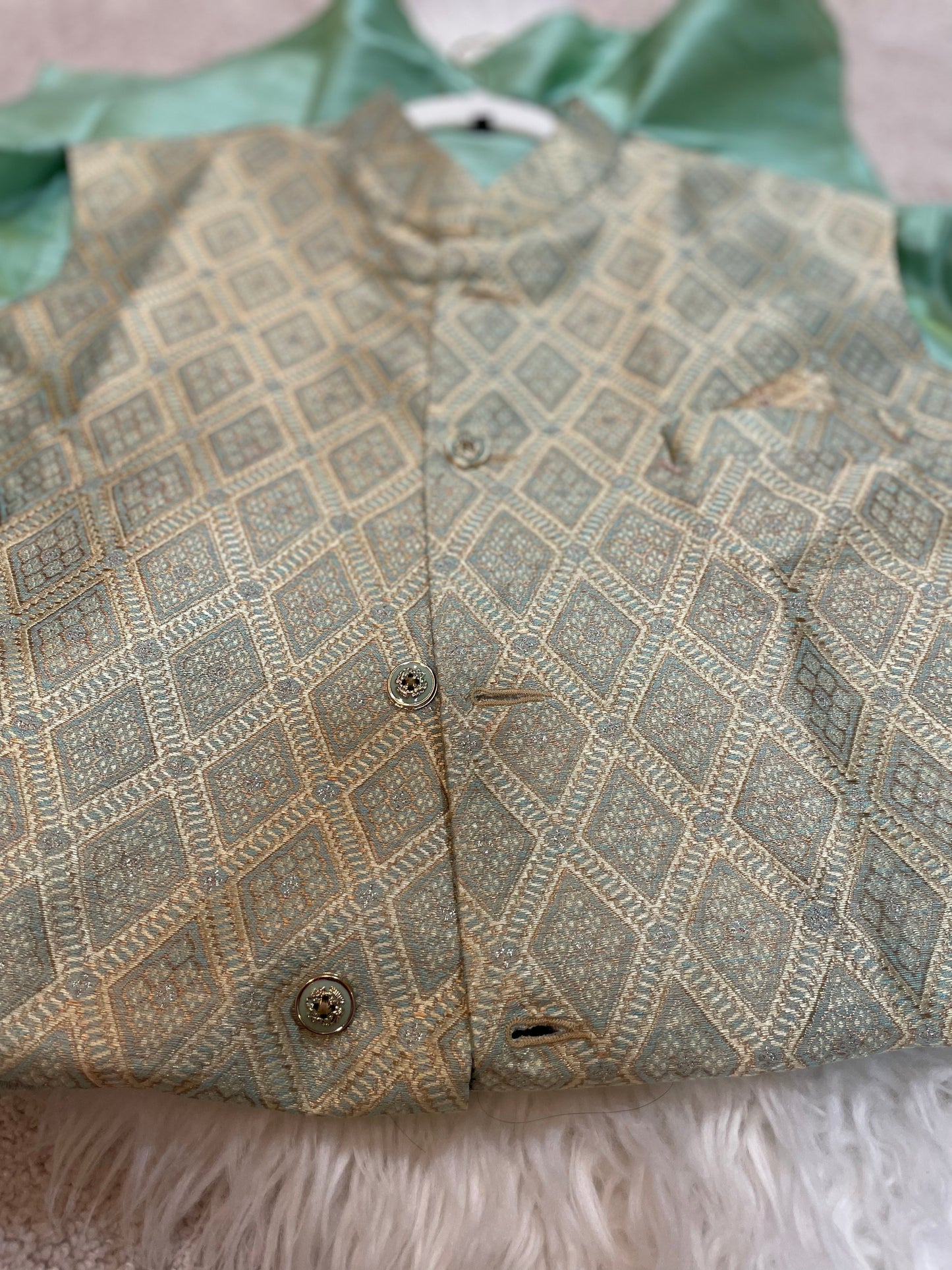 Green Dupion Silk 3 pcs set Kurta pajama with Waistcoat
