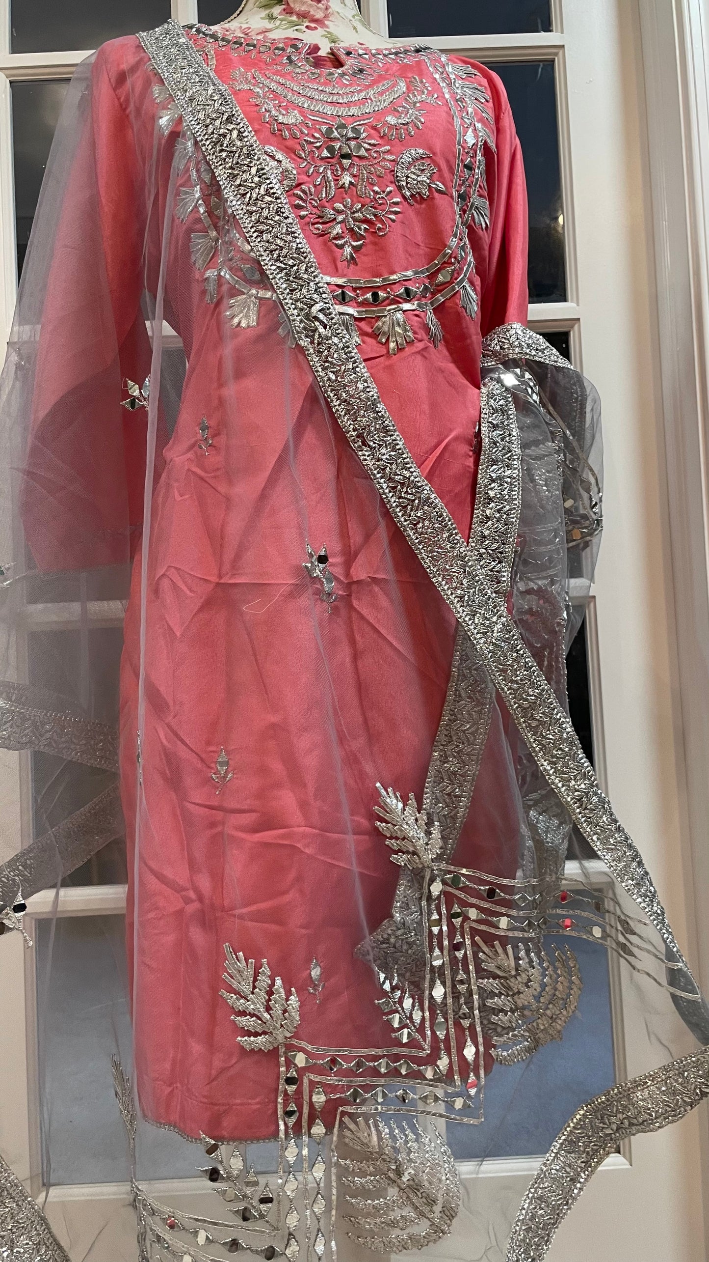 Heavy silk pink party wear mirror suit