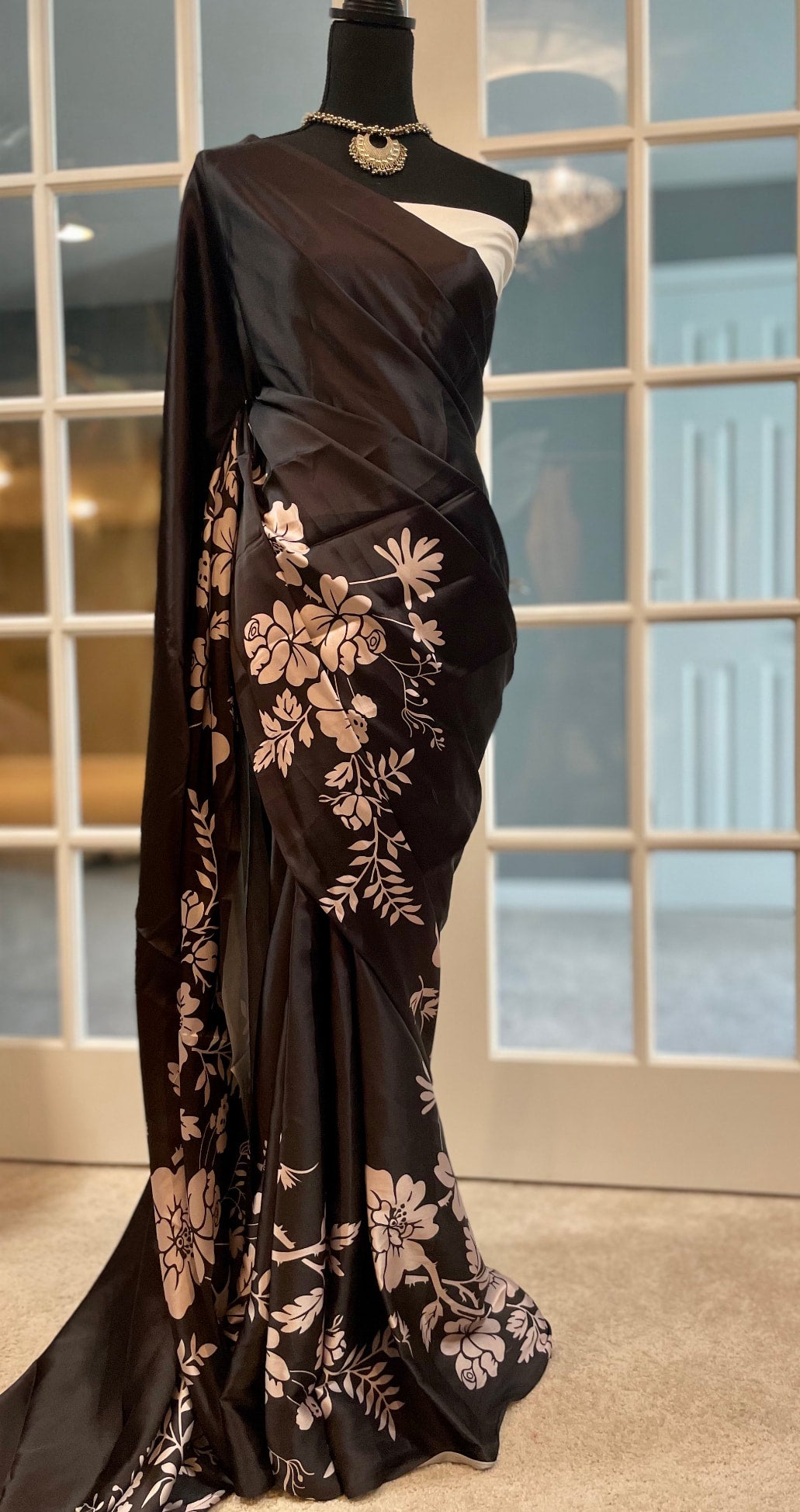 Black and white soft silk saree