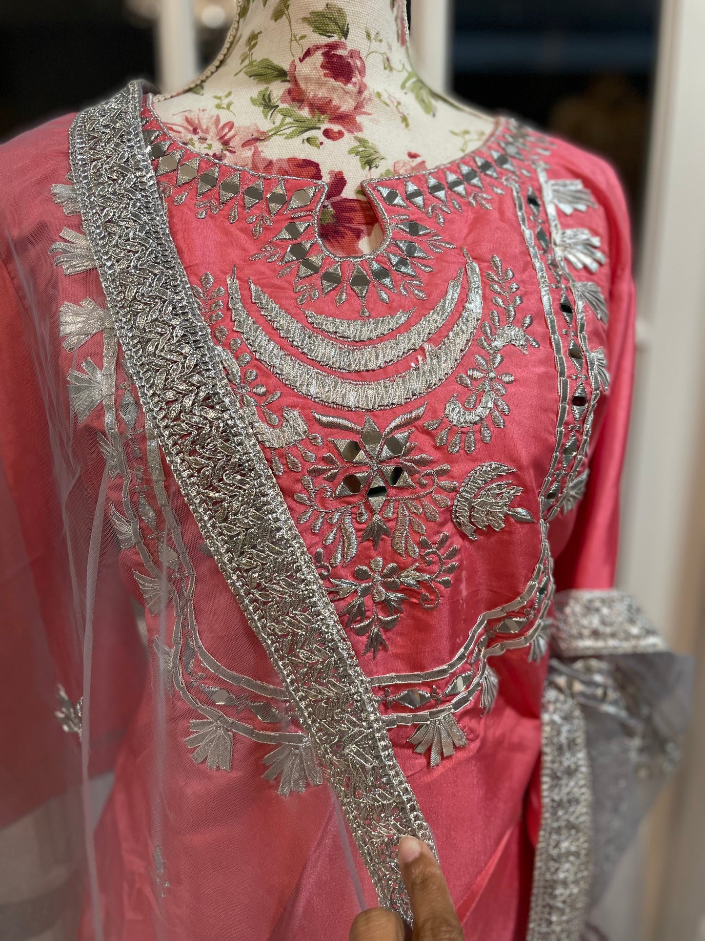 Heavy silk pink party wear mirror suit