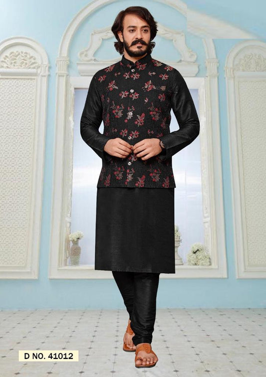 Black kurta pajama with waist coat set for men