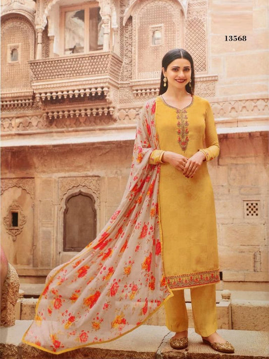 Floral printed crepe Yellow salwar suit