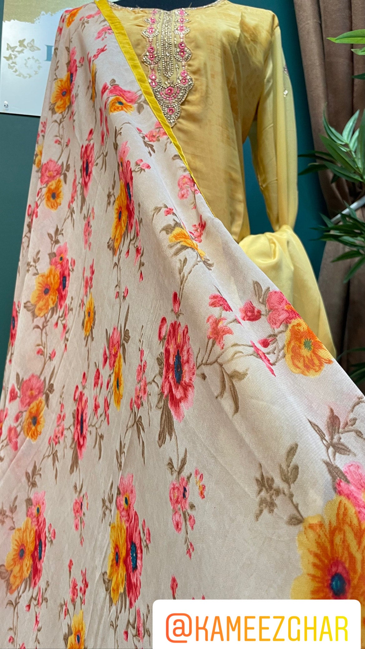 Floral printed crepe Yellow salwar suit