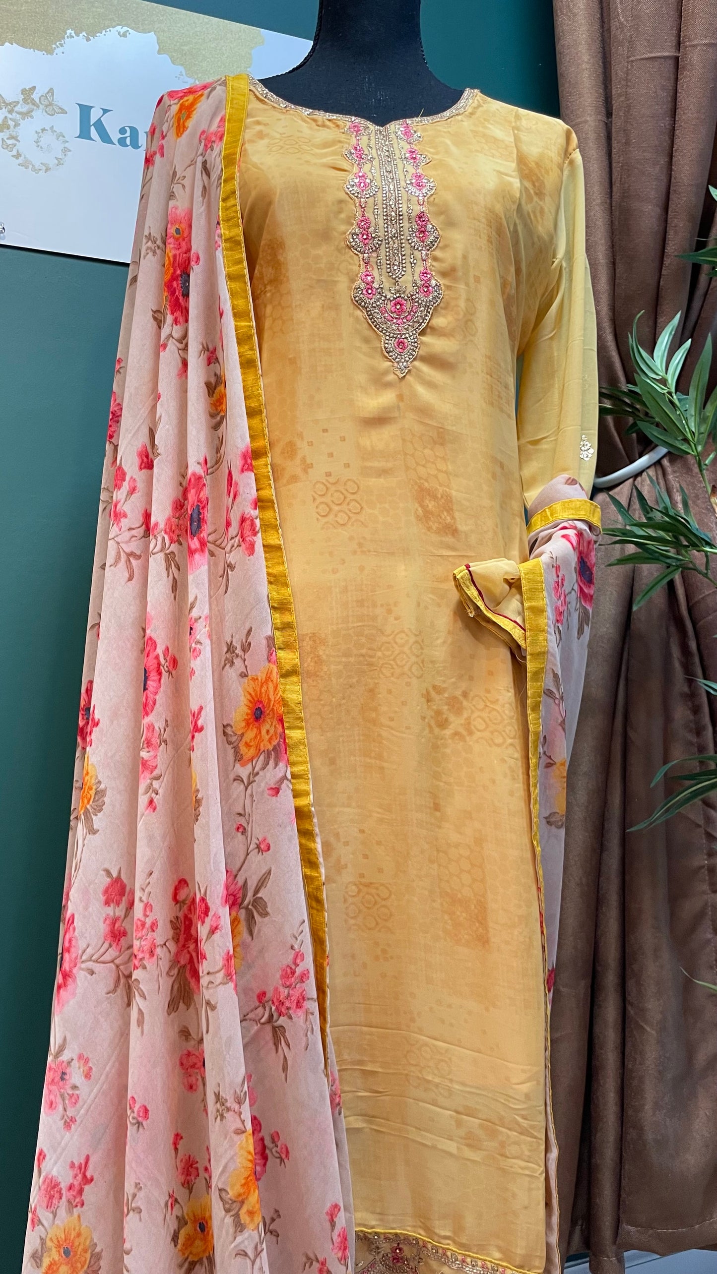 Floral printed crepe Yellow salwar suit