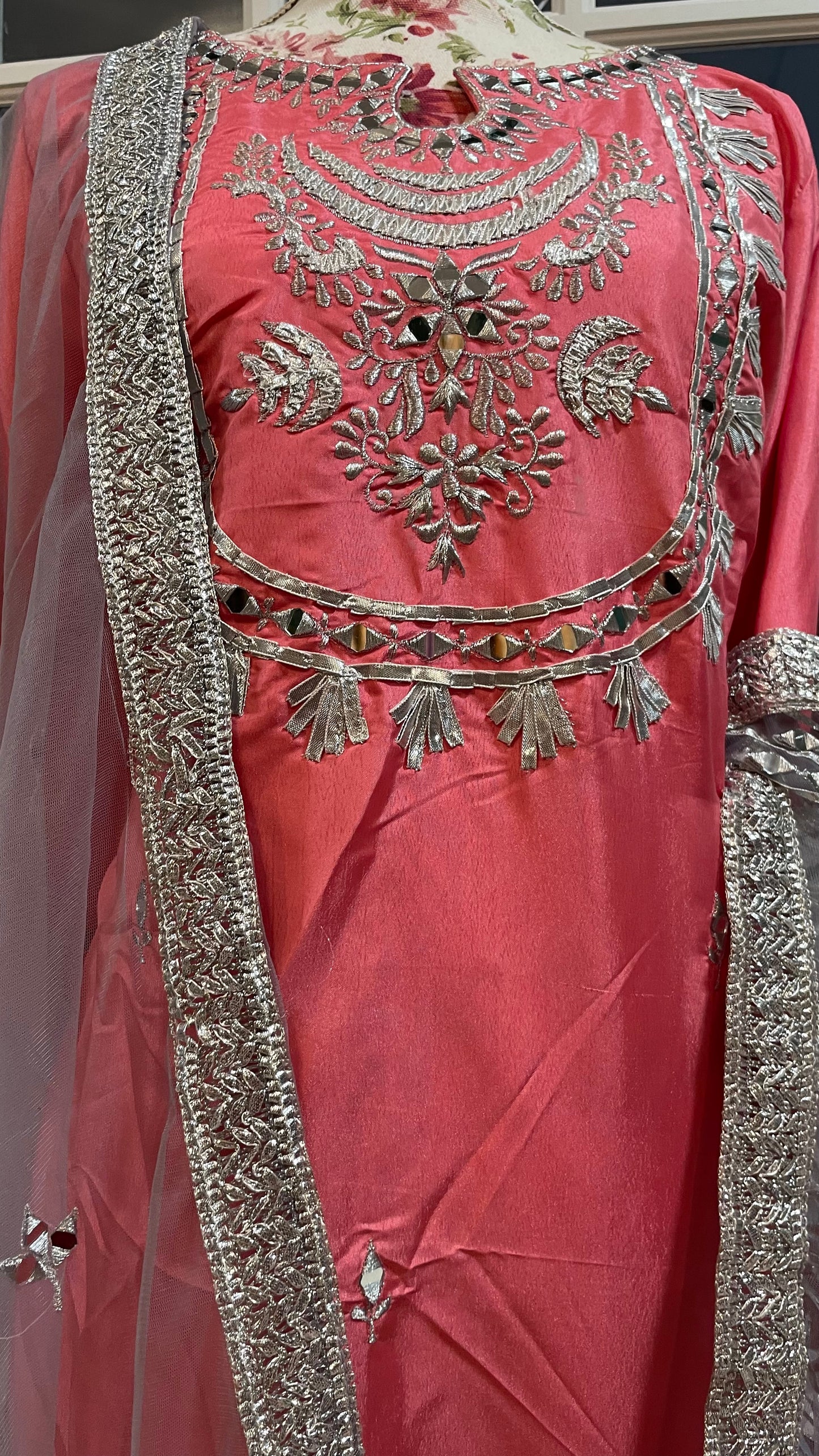 Heavy silk pink party wear mirror suit